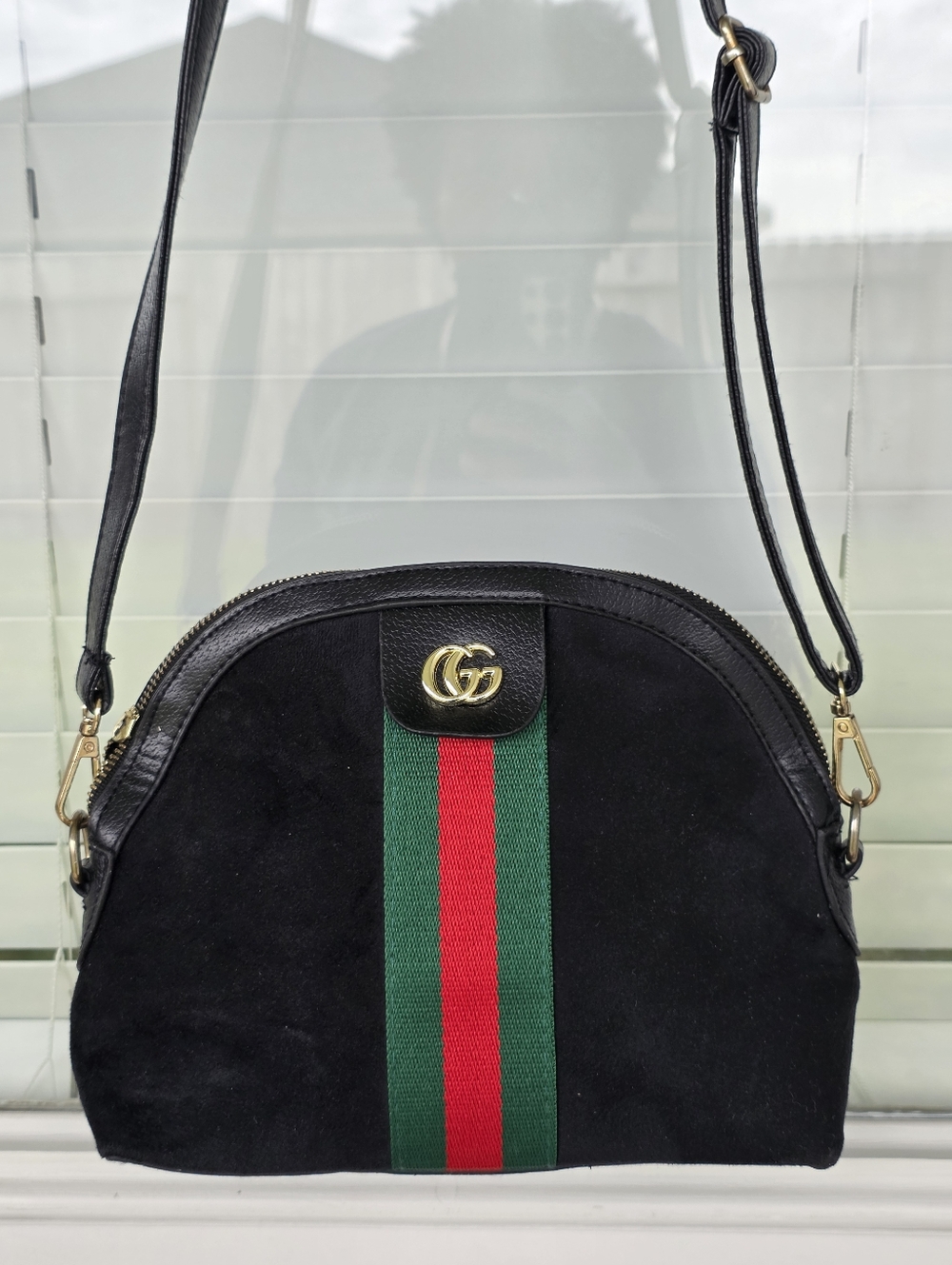 Gucci Black Suede Crossbody Bag Women Green-Red Stripe Detach Strap 7x11 - Picture 4 of 16